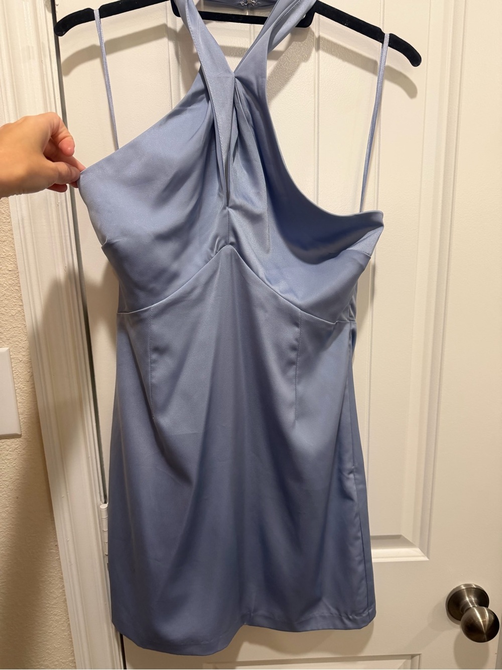 American Threads Powder Blue Backless Halter Mini Dress
